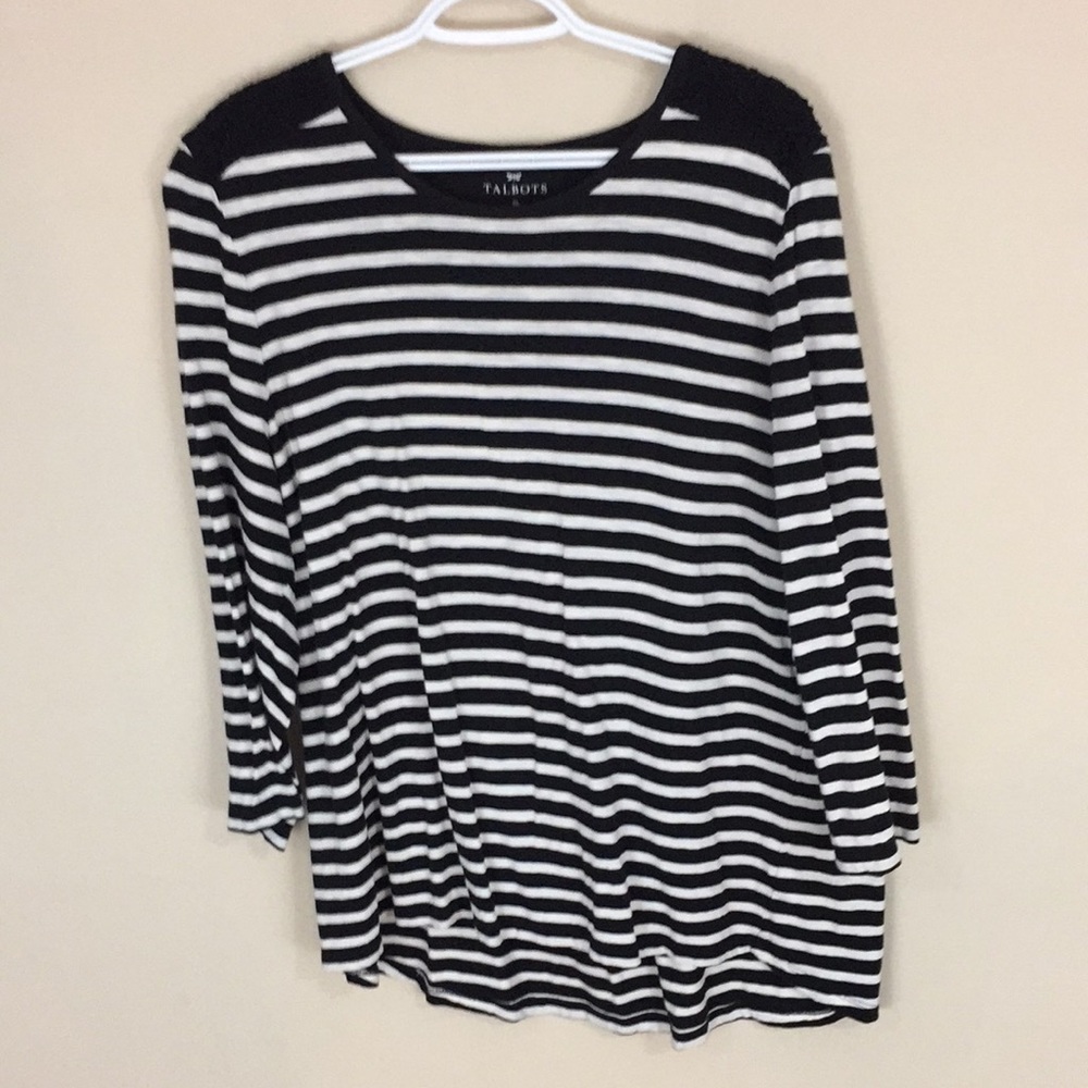 Talbots Black and White Striped Top with Lace Detailing Size XL
